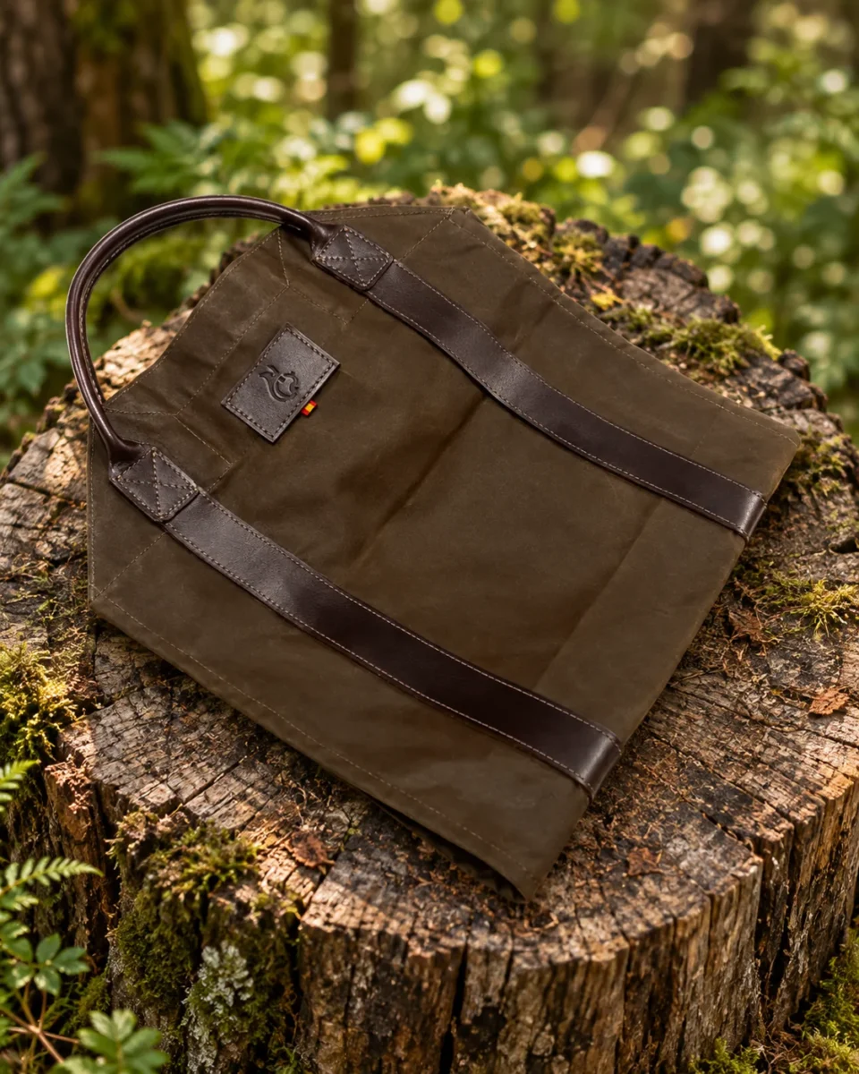 Oilskin log carrier folded on a tree stump