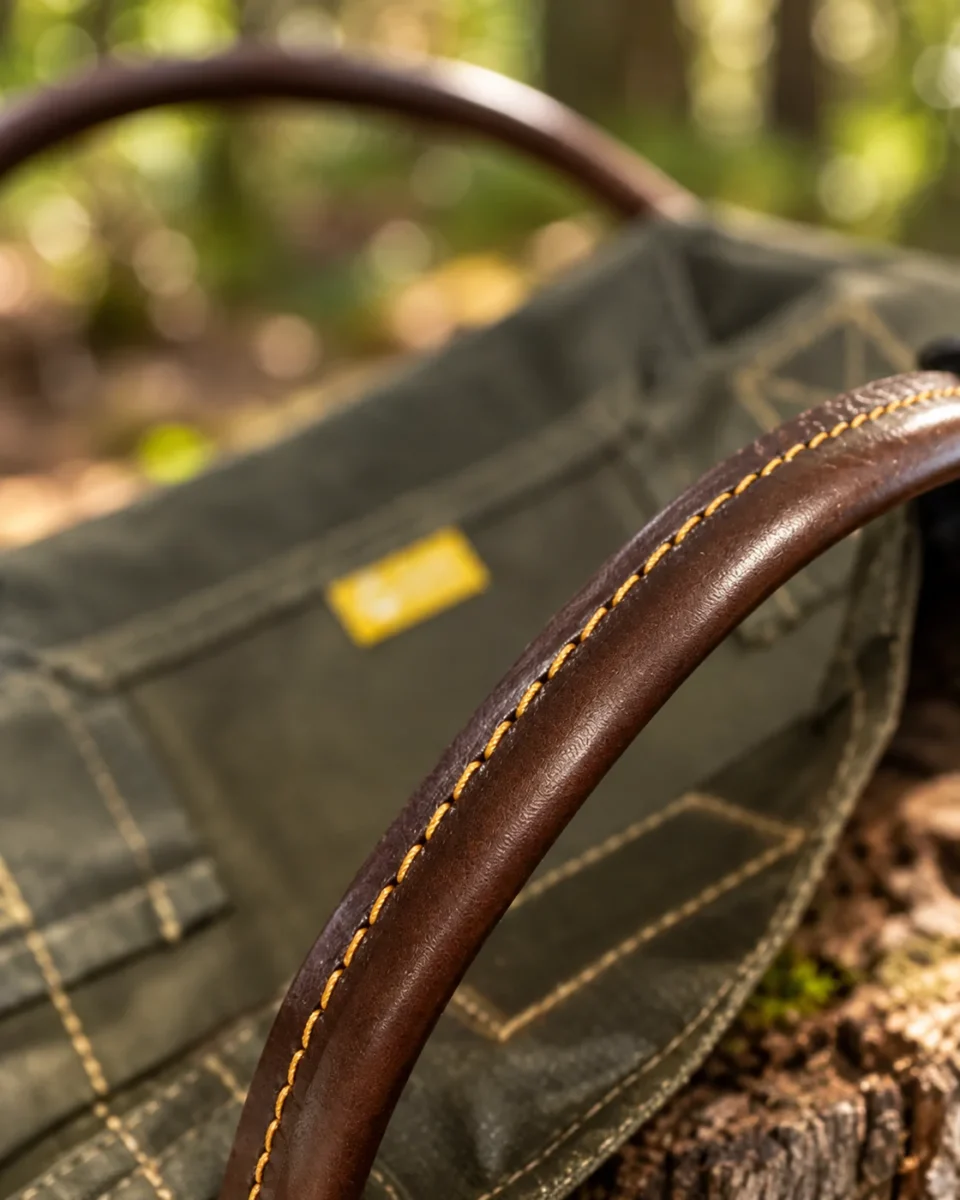Close-up of the stitched leather handle on the oilskin log carrier