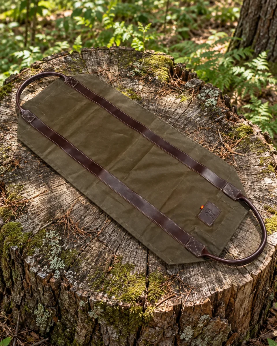 Oilskin log carrier opened flat on a tree stump
