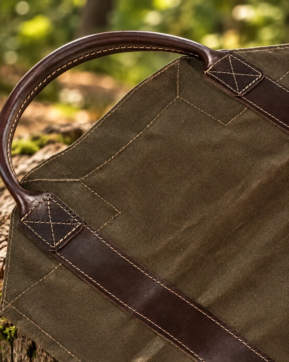 Reinforced leather handles and straps on the oilskin log carrier