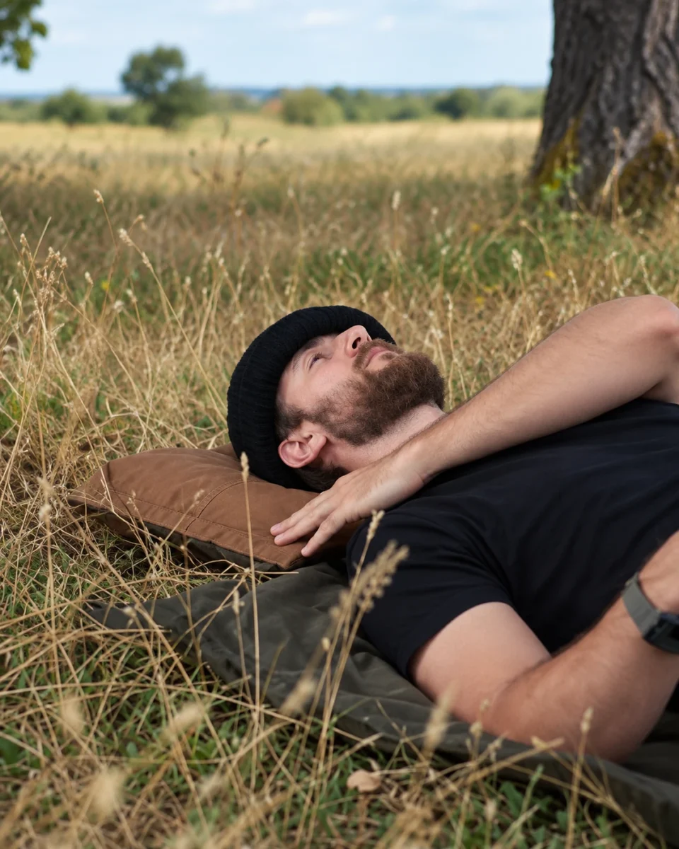 Camper lying beneath a tree using the NapSack as a pillow