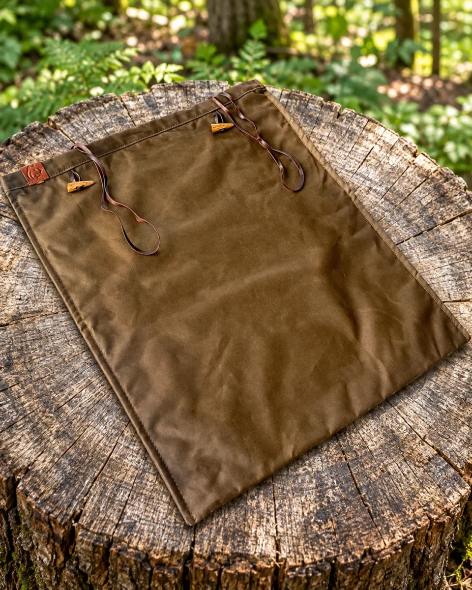 Oilskin NapSack laid flat showing its shape and drawstrings