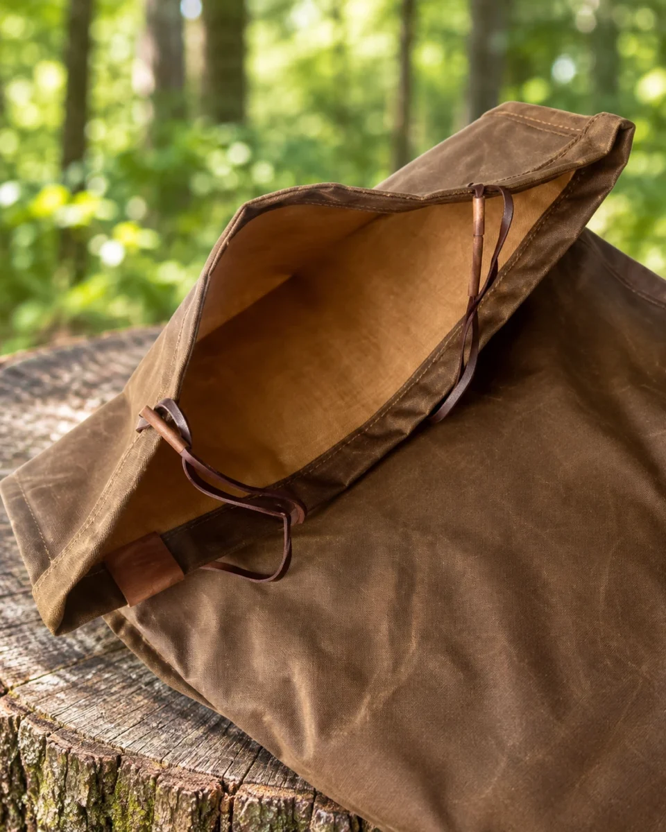 Oilskin NapSack opened to show its interior and drawstring closure