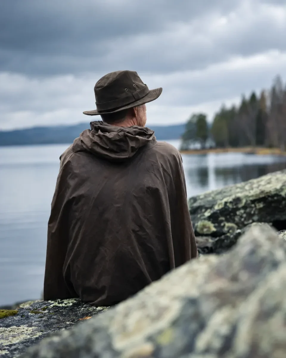 Rear view of the Oilskin Poncho Shelter while seated beside a lake