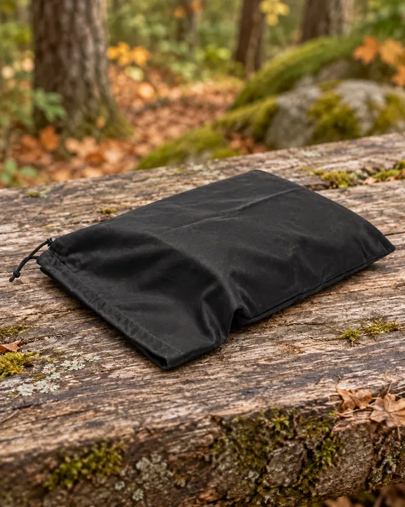 Black Oilskin Storage Bag on weathered timber