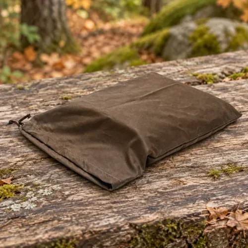 Brown Oilskin Tarp Storage Bag on weathered timber