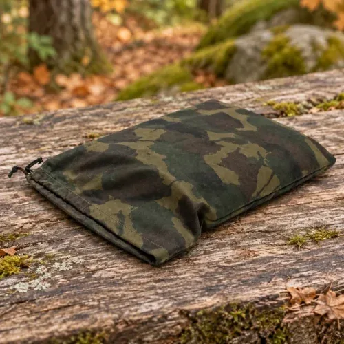 Sac de rangement pour tarp en toile cirée camouflage sur du bois patiné