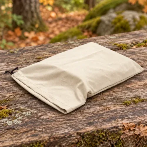Natural Canvas Tarp Storage Bag on weathered timber