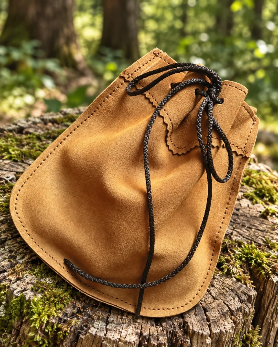Angled view of the Tlazcala leather foraging pouch and black drawstring