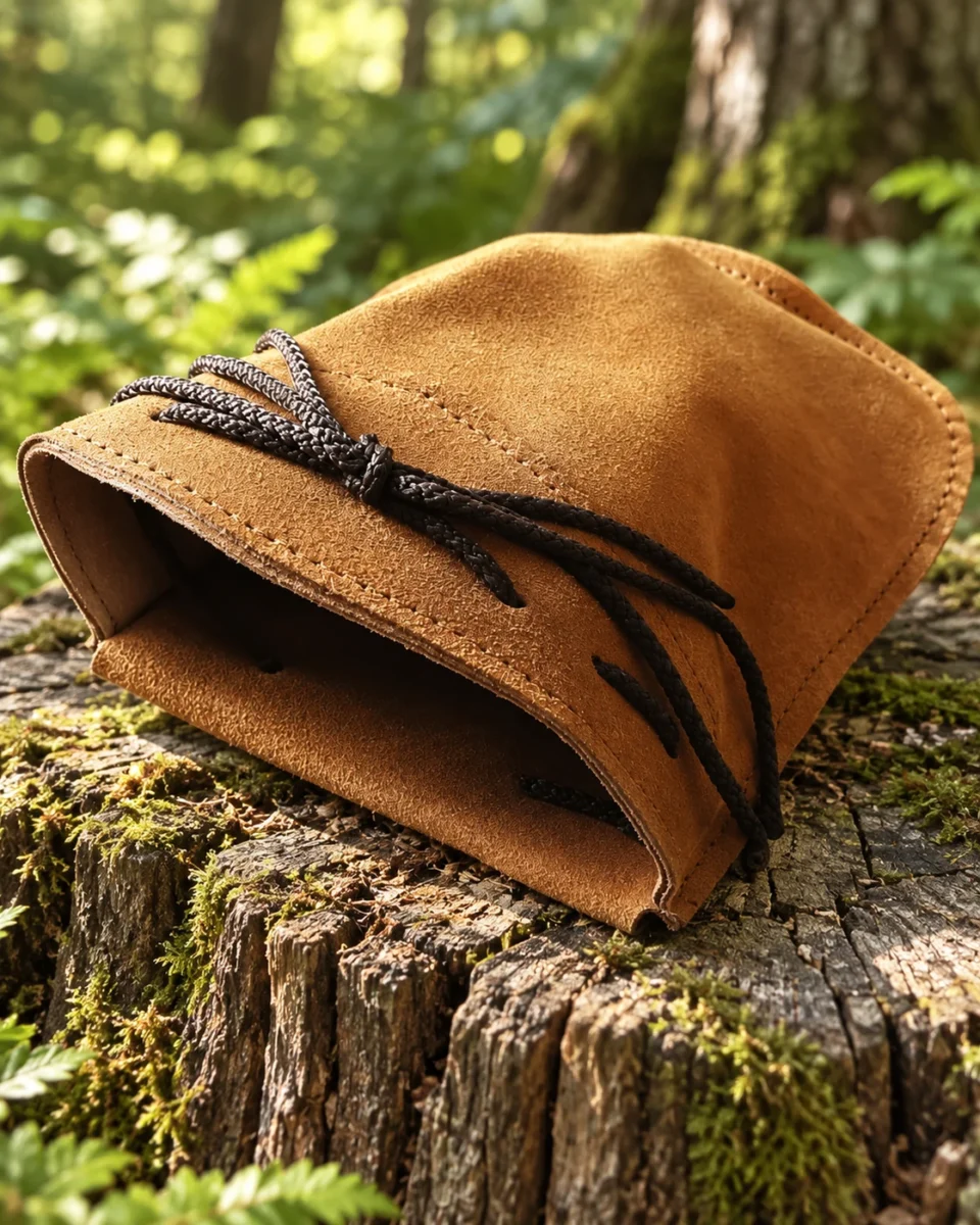 Open Tlazcala leather foraging pouch showing its interior