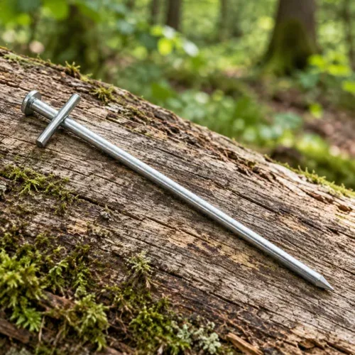 Toledo steel tent peg on a woodland log