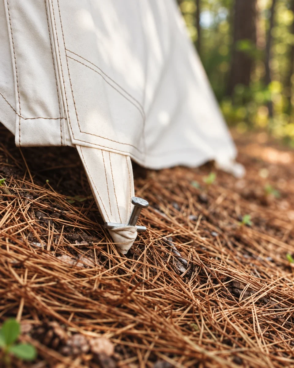Toledo steel tent peg securing a canvas tent