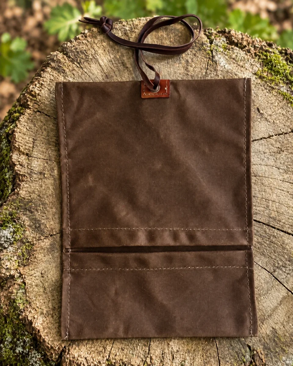Brown waxed canvas roll-up pouch laid open to show its pockets