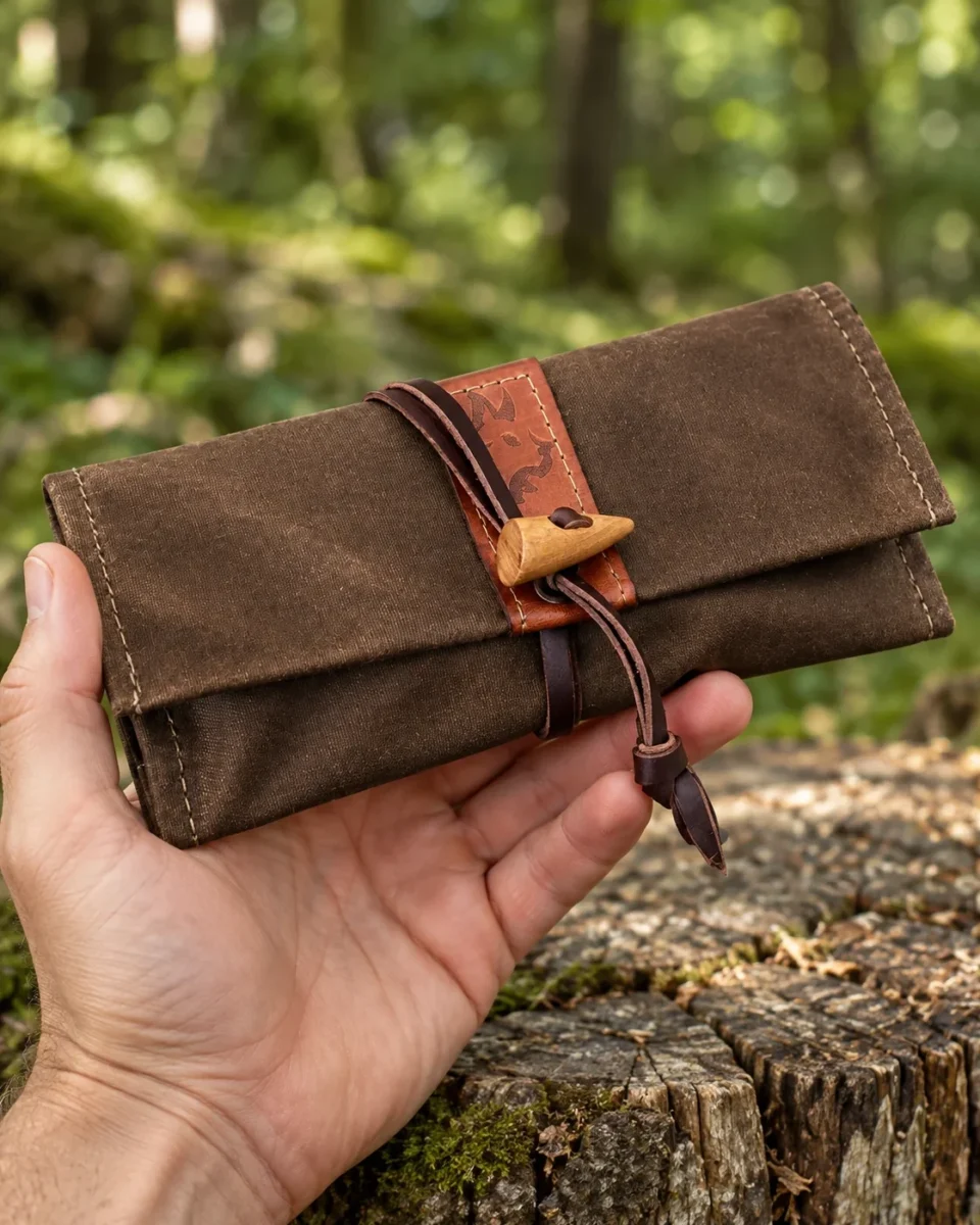 Folded brown waxed canvas roll-up pouch held in one hand