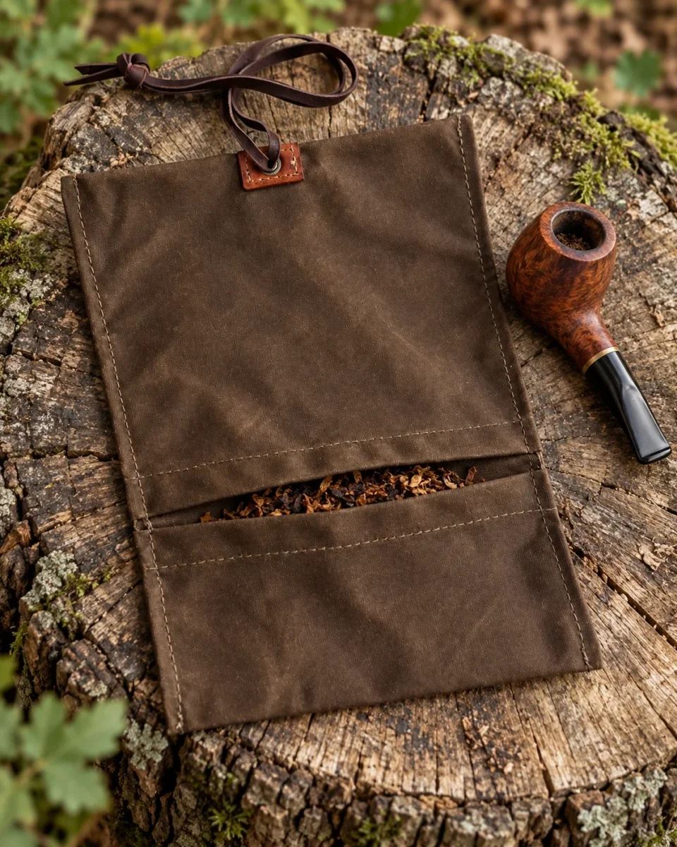 Brown waxed canvas roll-up pouch open beside a wooden pipe