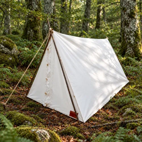 Natural canvas Wedge Tent with closed entrance in woodland